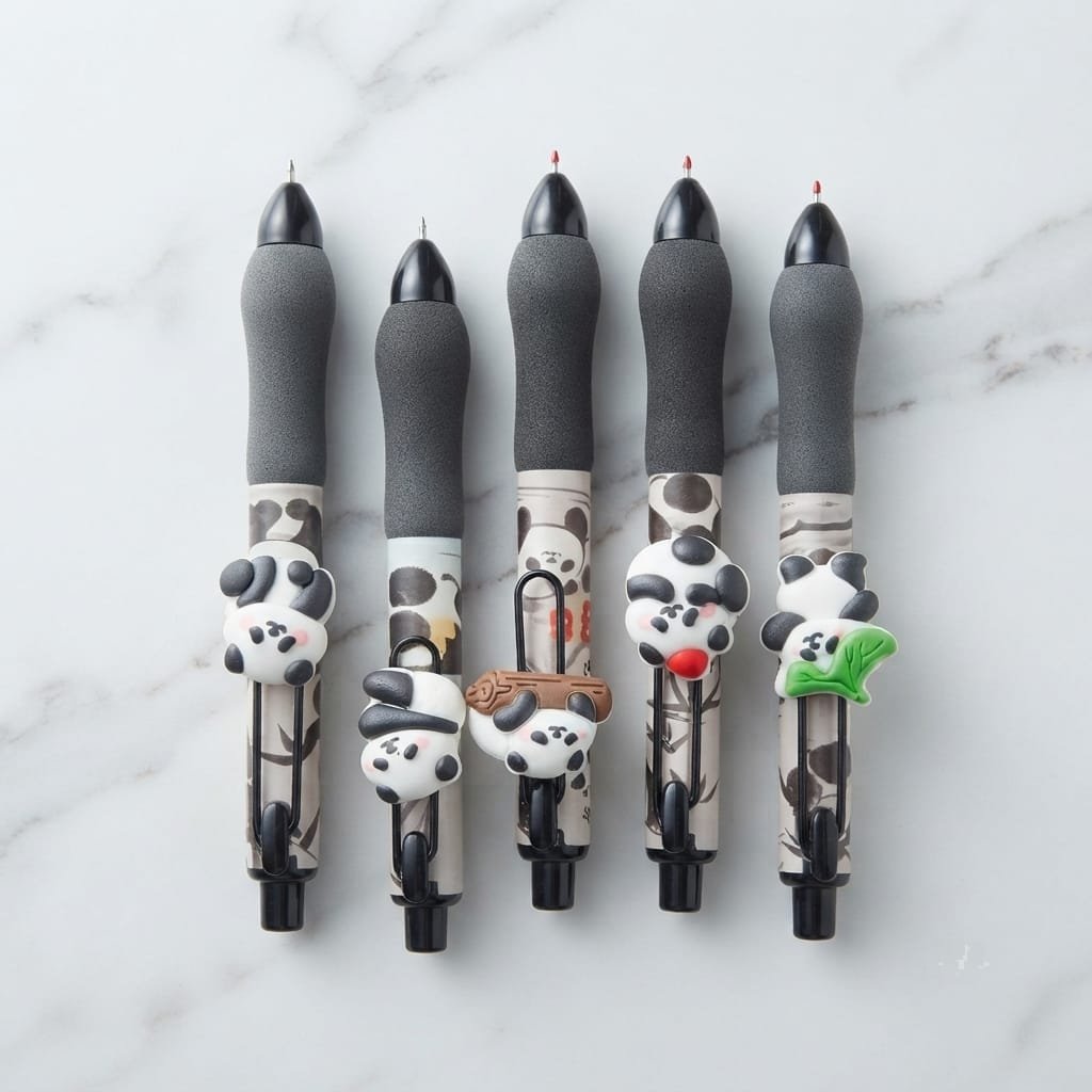 Pen Set 0.5mm Fine Tip Smooth Writing Black Ink, Cute Aesthetic Heart Top Design, Stylish Pens for Kids Students Office School Use, Lightweight Grip (Black Panda) Pack Of 5 (Set Of 1)