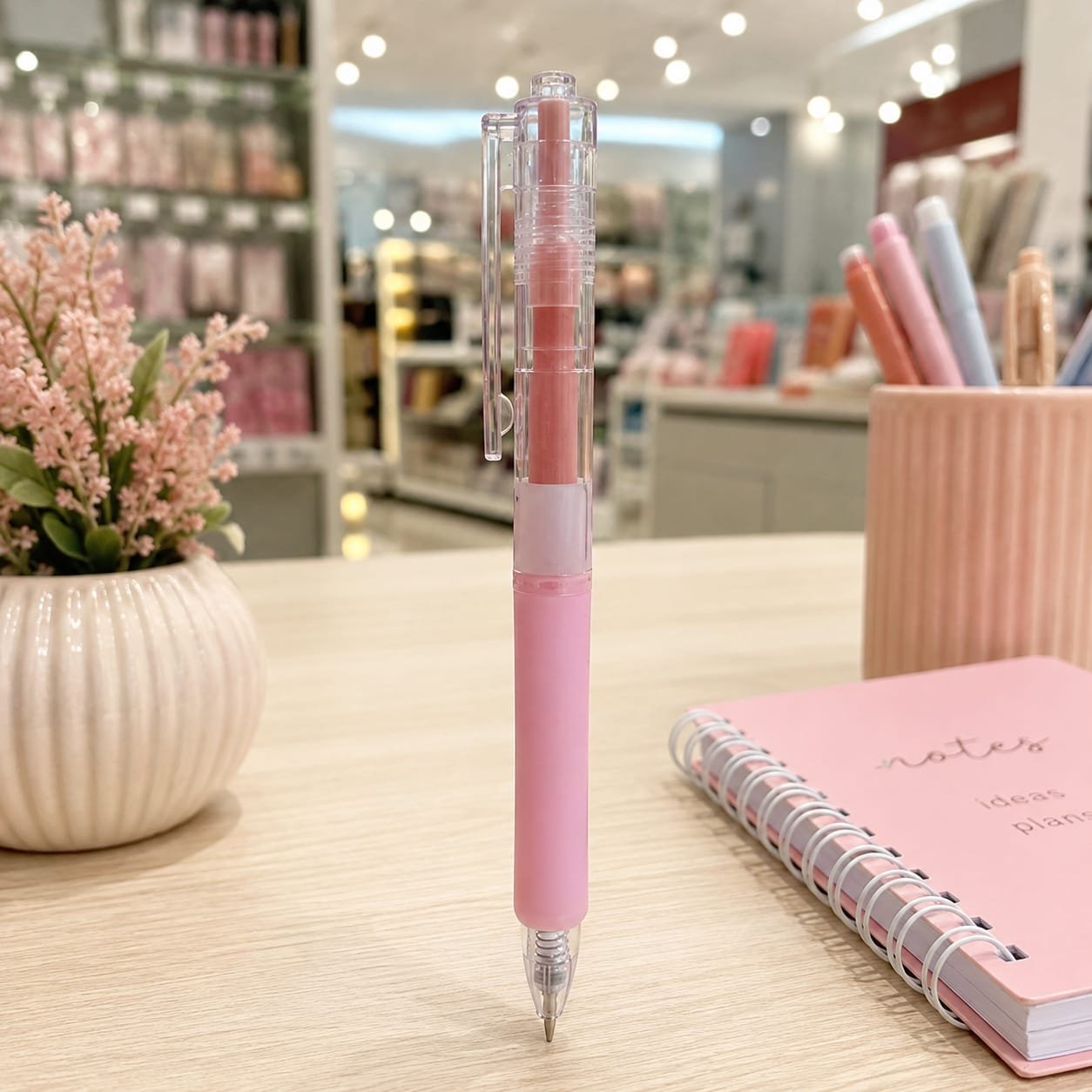 Portable pen-style craft cutter with a clear acrylic body and a soft pink silicone grip.