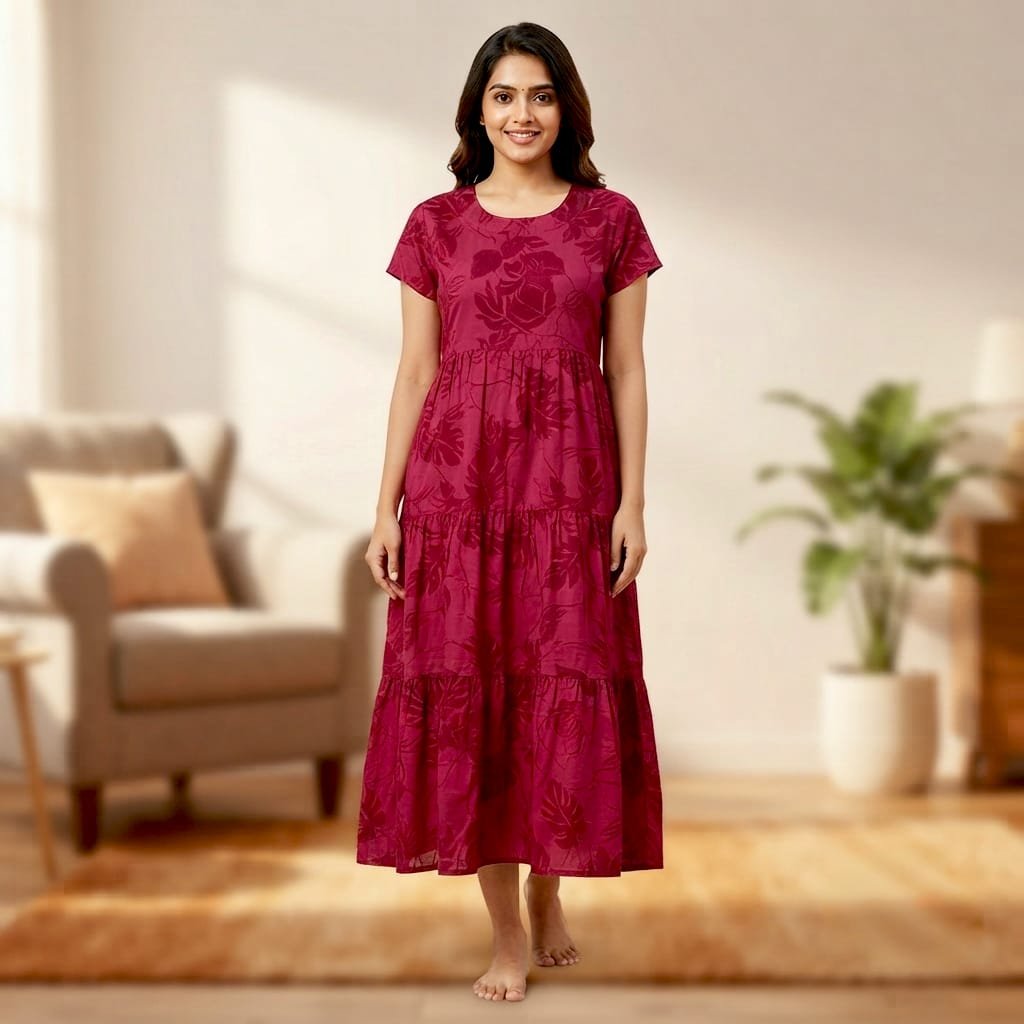 Premium magenta-toned floral print tiered dress