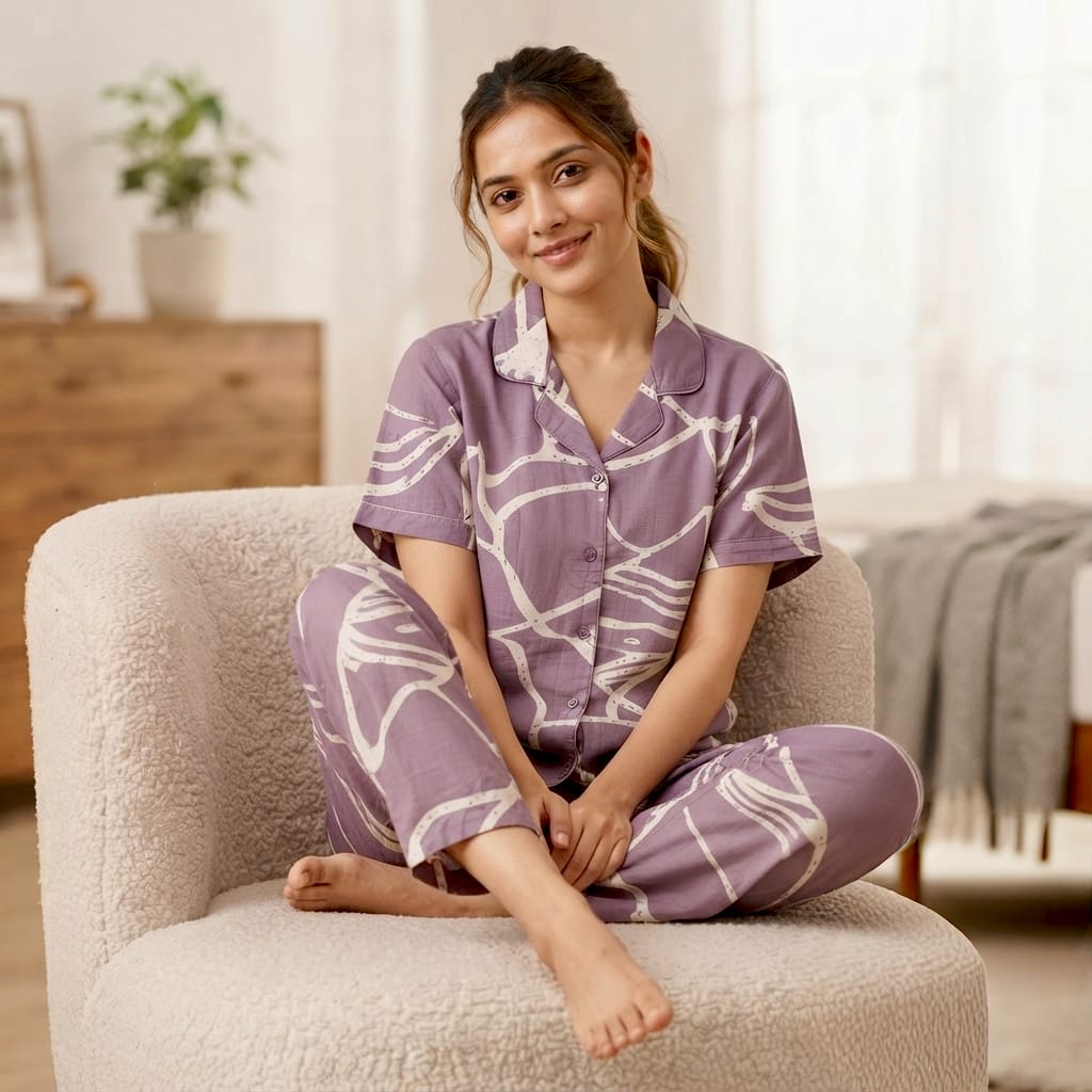 Pink Abstract Print Cotton Night Suit Set by Global Republic