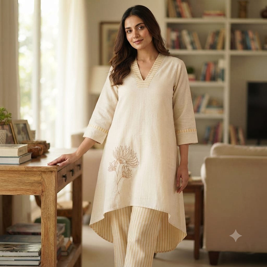 Beige asymmetric ethnic co-ord set