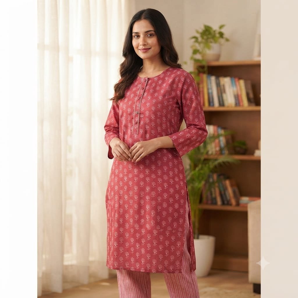 Rosewood pink printed ethnic straight kurta paired with matching striped trousers