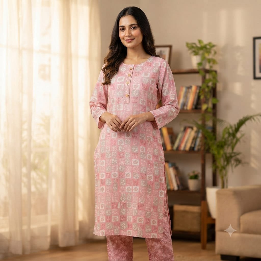 pink and white printed straight-fit kurta set