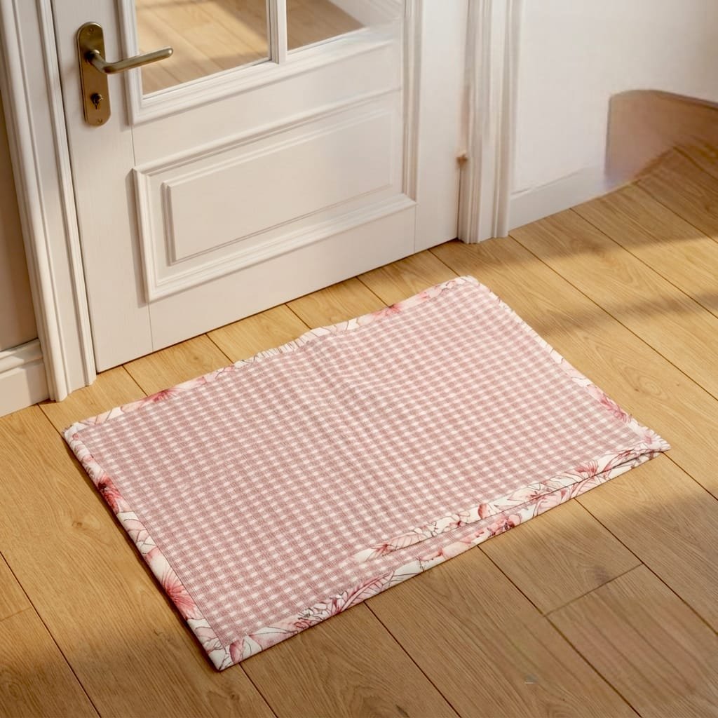 Pink and white gingham check flat-woven rug positioned as an indoor doormat