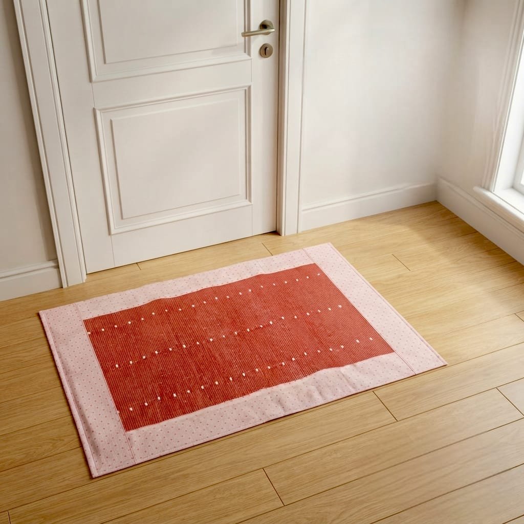 A rectangular, patterned accent rug or mat
