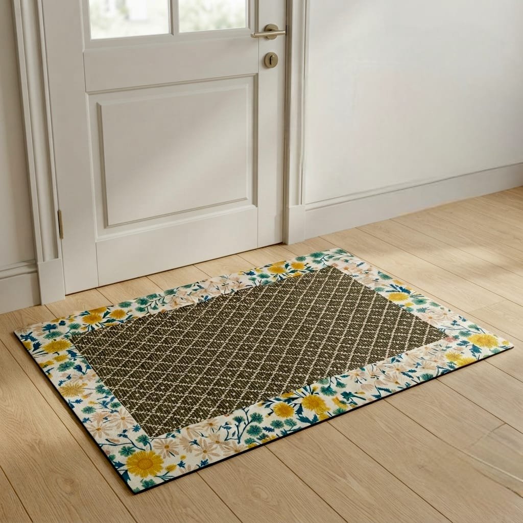 Rectangular entryway floor mat featuring a two-toned, decorative design layout