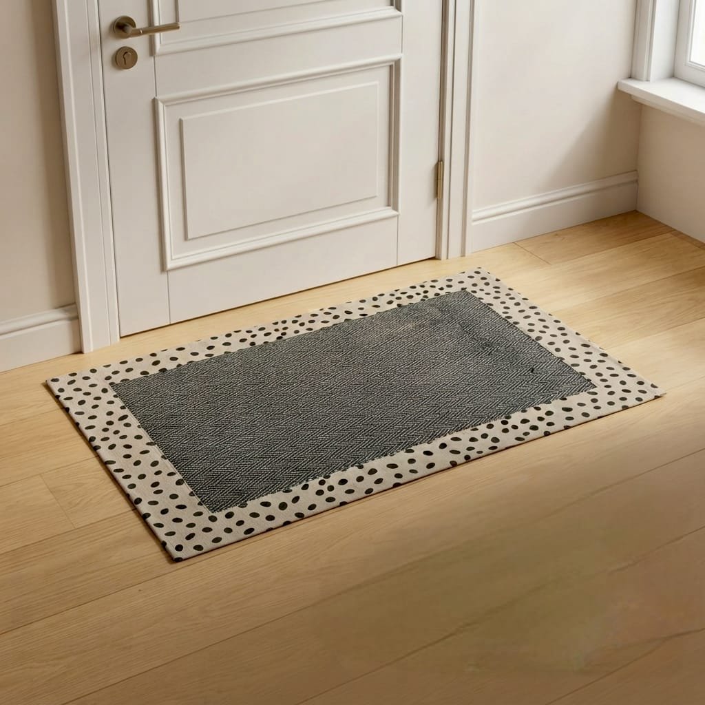 Rectangular indoor doormat or low-profile runner rug featuring a distinctive dual-pattern design