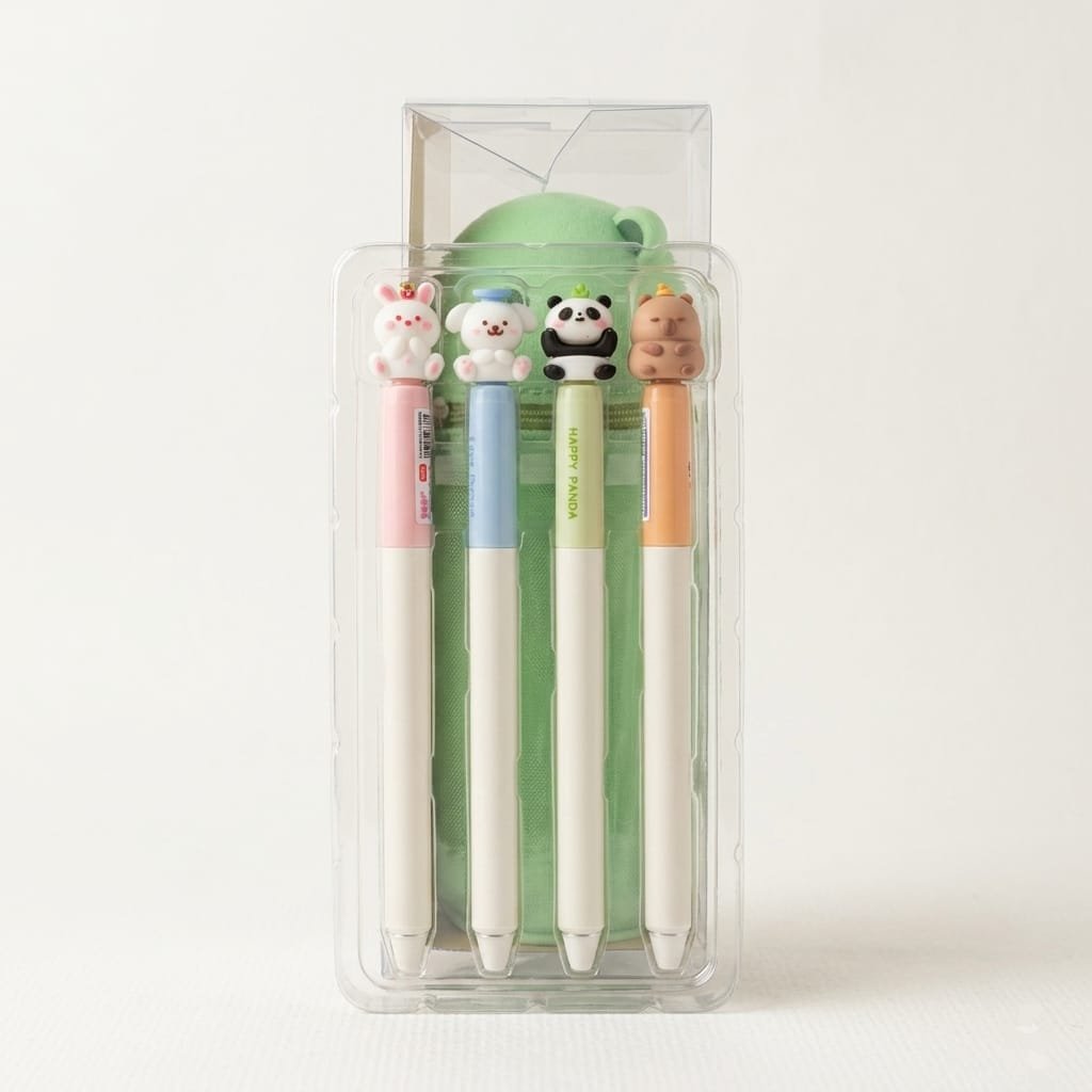 360° Furry Erasable Blue Ink Pen Set (4 PCS) | Cute Animal Top Gel Pens – Rabbit, Puppy, Panda & Capybara | Smooth Writing Kawaii Stationery for School & Office
