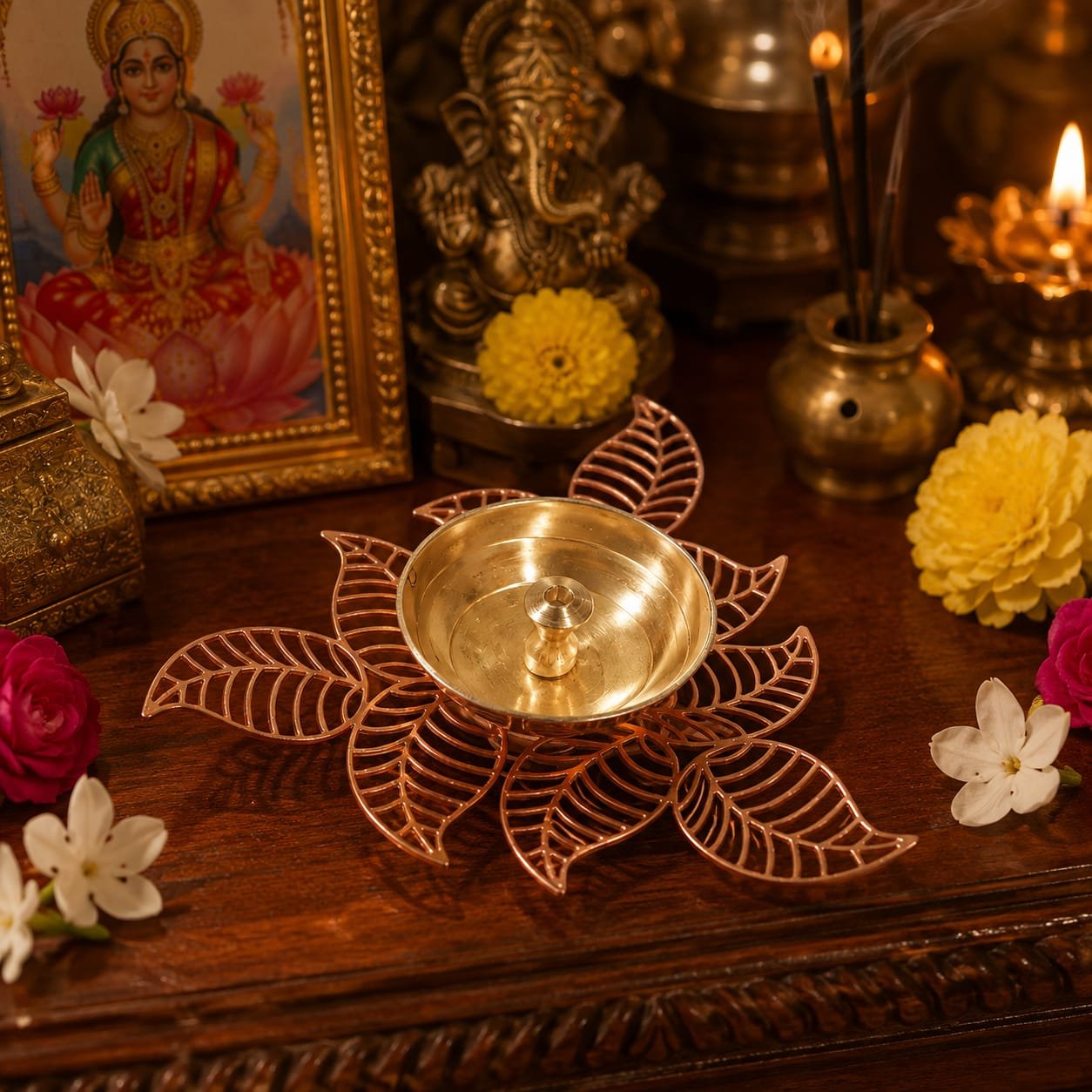 Polished brass floral leaf table Vilakku