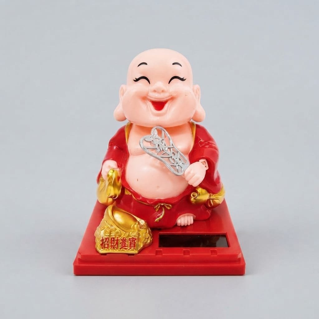 solar-powered Laughing Buddha (Budai) bobblehead figurine.