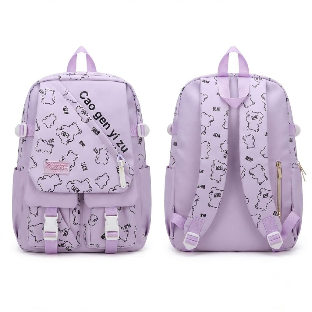 Lavender multi-pocket school backpack features a cute, all-over outline print of cartoon bears