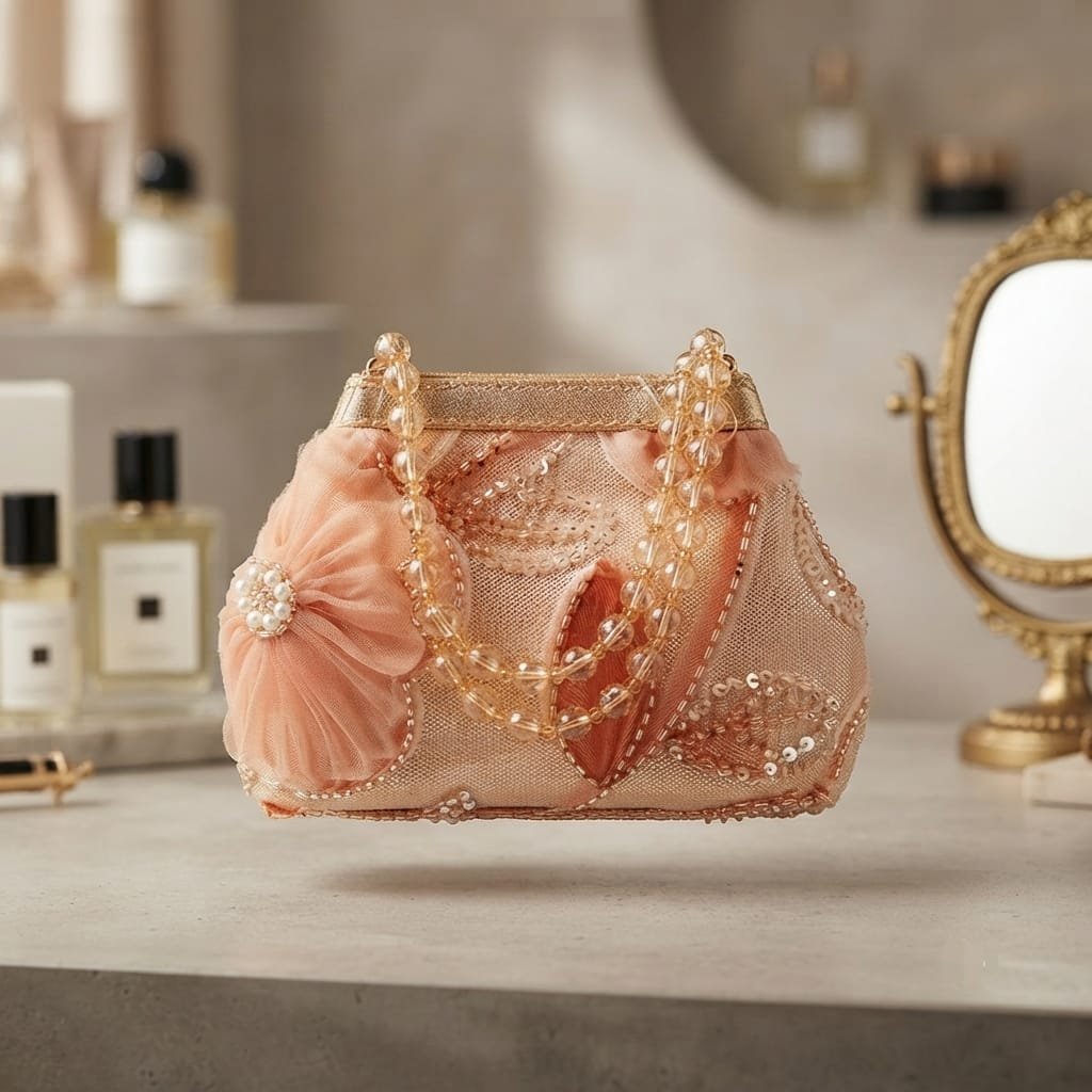 Elegant, vintage-style evening clutch bag finished in a soft peach/rose-gold tone